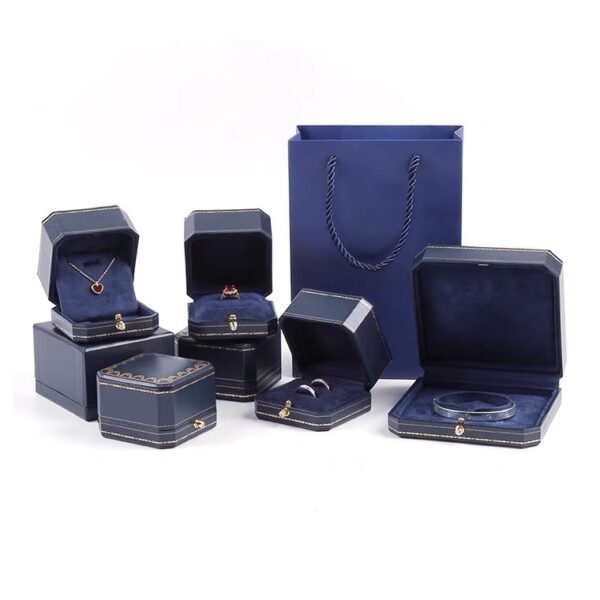 Octagonal leatherette paper plastic jewelry box button royal blue