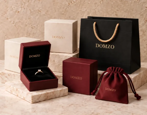 Custom jewelry packaging boxes, bag and velvet pouch by DOMZO
